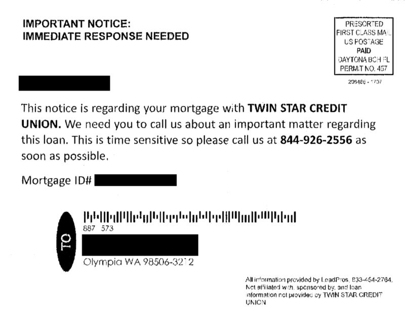 Mortgage Postcard Scam Example