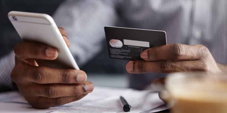 Person holding a phone and checking credit card.