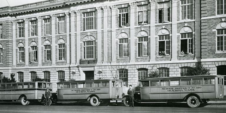 Vintage black and white photo of Olympia High School.