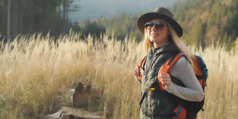 Woman hiking in a wild meadow.