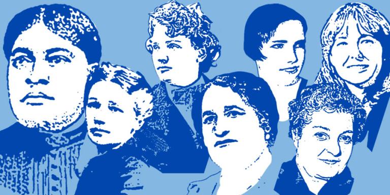 Portraits of women in economic history - Eliza Allen, Victoria Woodhall, Tennessee Clafin, Maggie Lena Walker, Louise McCarren Herring, Dora Maxwell, and Rosemary McFadden.