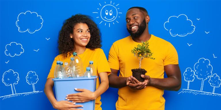 POC holding recyclables and and a plant with a drawing of trees and clouds behind them. 