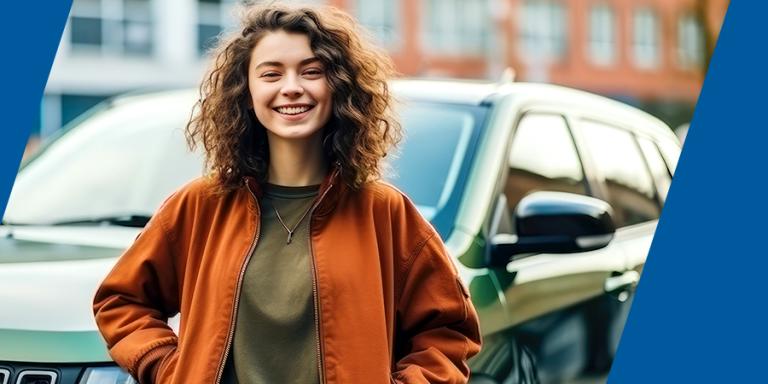 Woman standing in front of her new green car