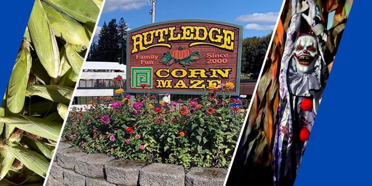 Photo collage of Rutledge Farms with corn, farm sign, and scary Halloween clown.