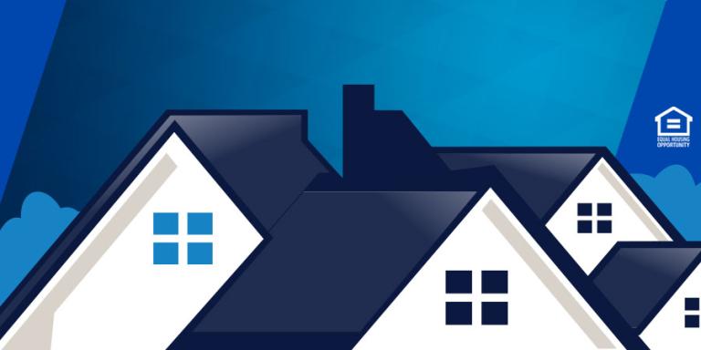 Illustration of house rooftops against a blue background.