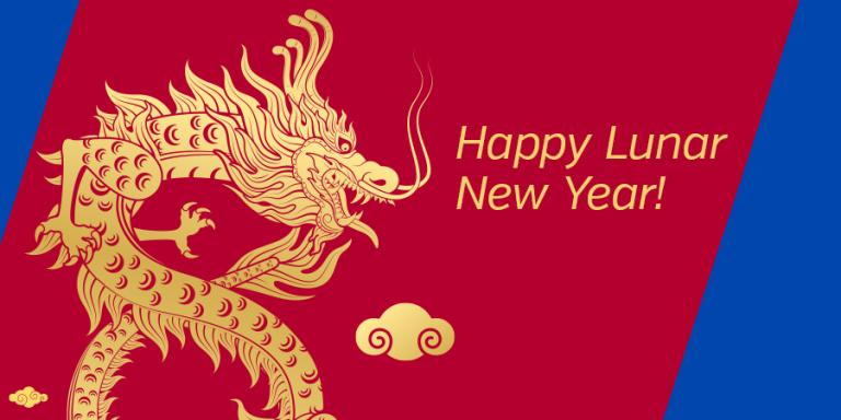 Gold Chinese dragon on a red background, with text announcing Happy Lunar New Year.