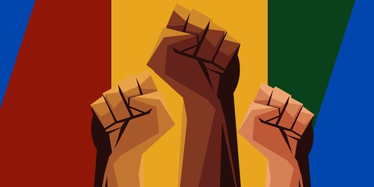 Three fist raised in triumph on a background of red, yellow and geen stripes.