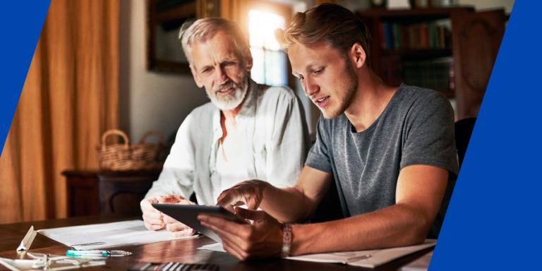 Father and son talking about finances.